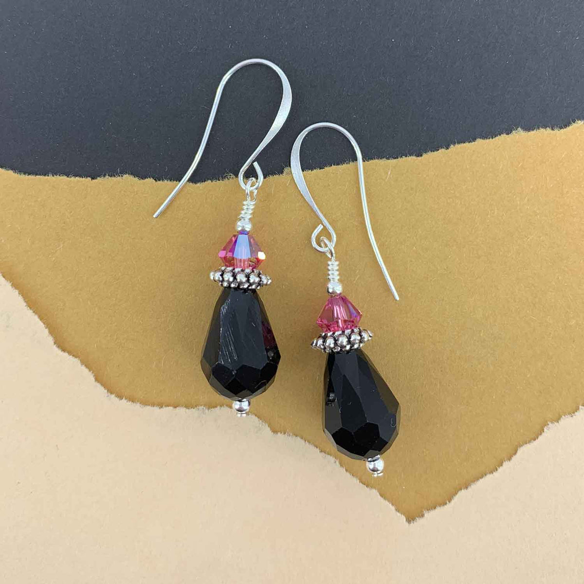 black crystal drop pink earrings