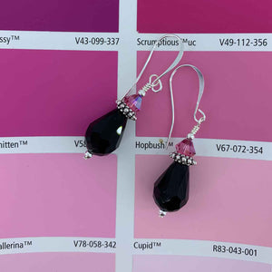 black crystal drop pink earrings