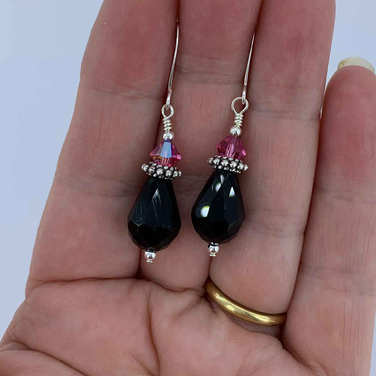 black crystal drop pink earrings