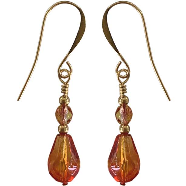crystal orange red drop gold earring