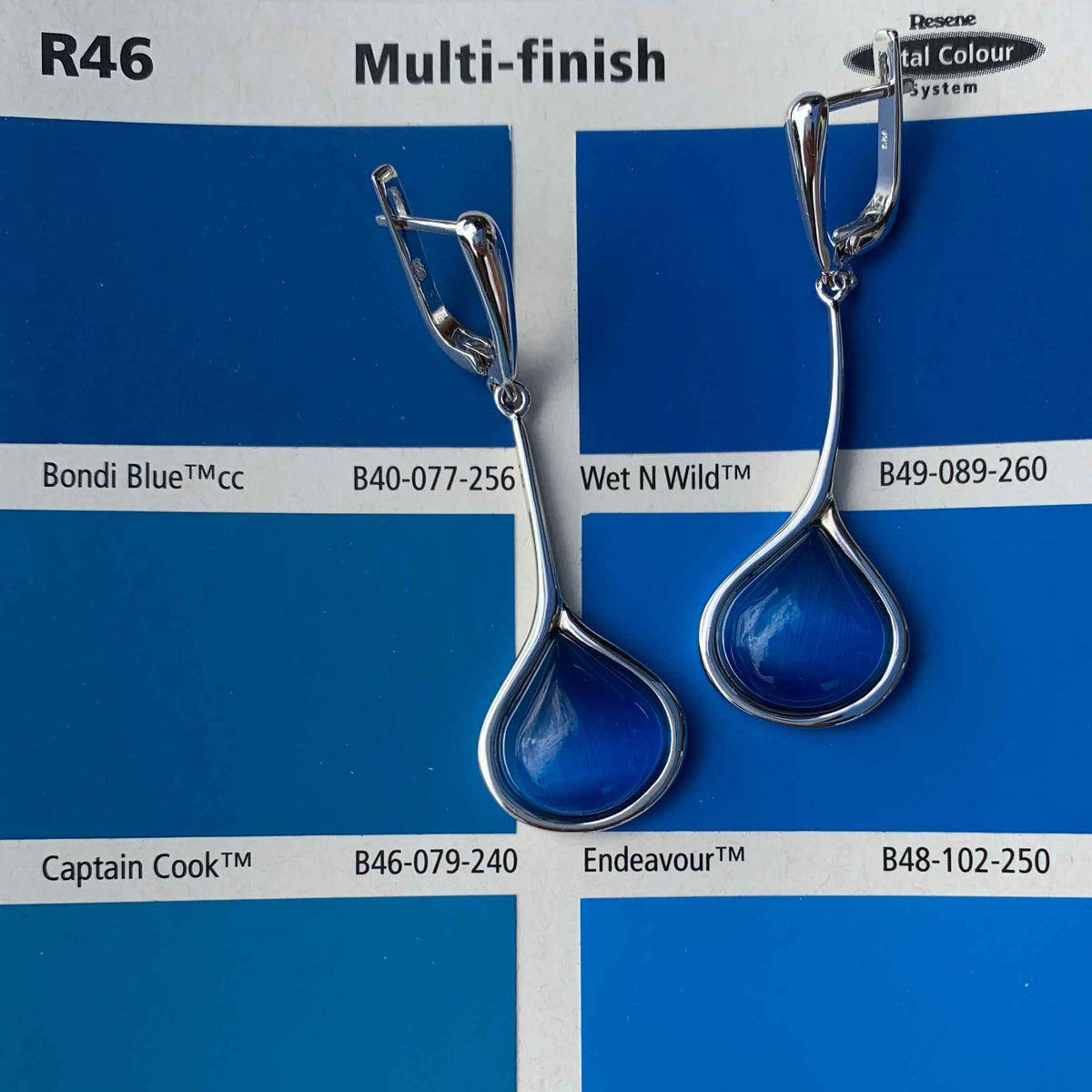  frenelle jewellery earrings silver blue drop huggies Resene