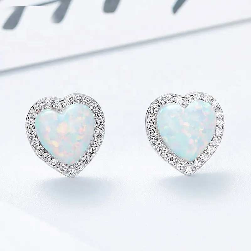 white opal crystal stud heart earrings