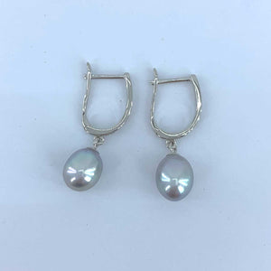 grey pearls silver huggie earrings