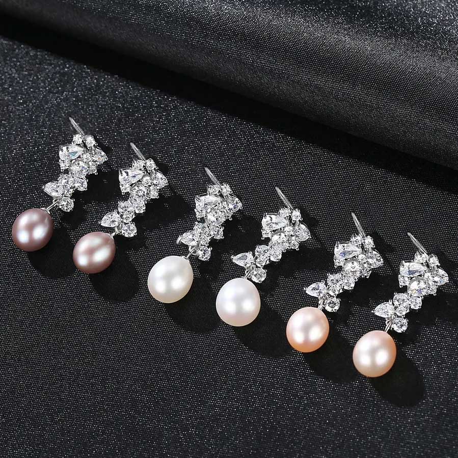 peach pearl silver drop earrings
