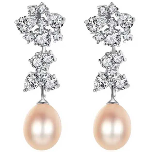 peach pearl silver drop earrings