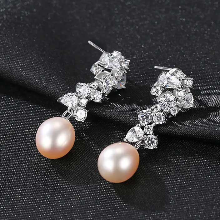 peach pearl silver drop earrings