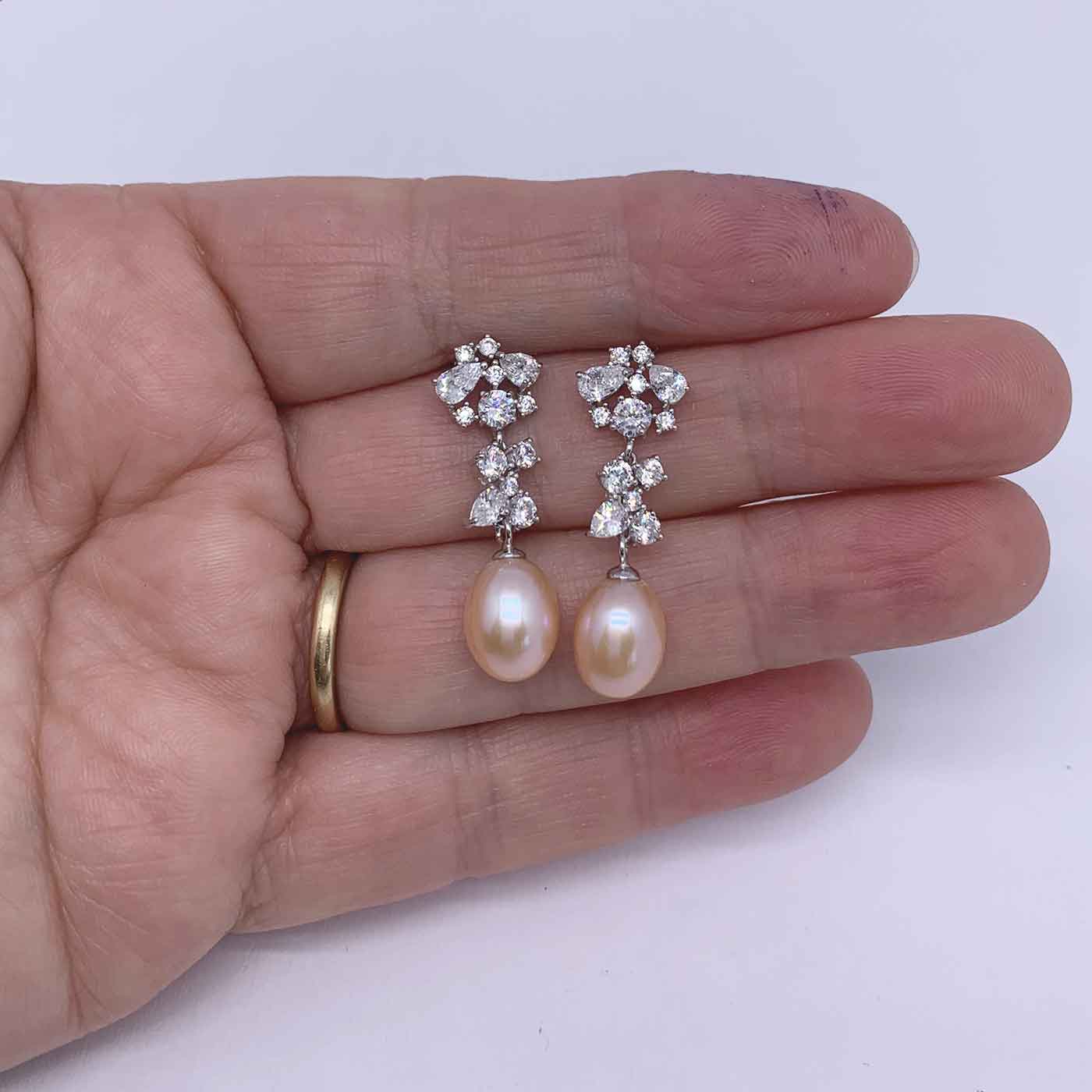 peach pearl silver drop earrings