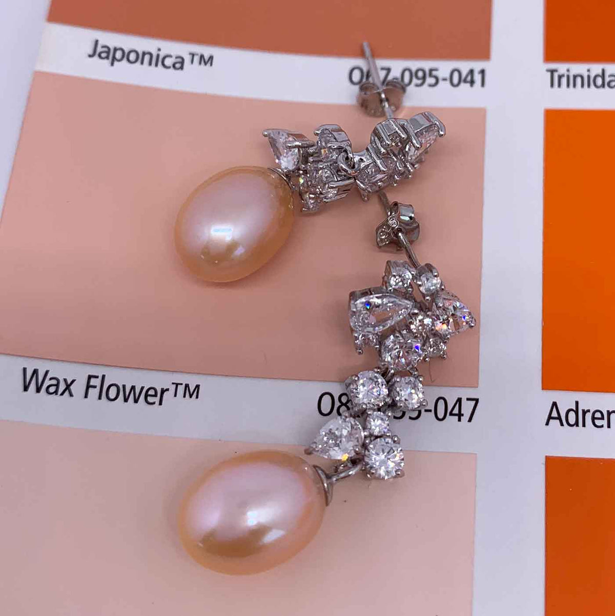 peach pearl silver drop earrings