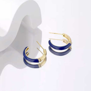 gold hoop blue enamel earrings women