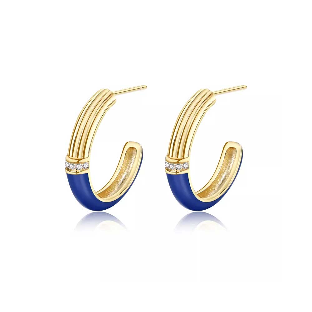 gold hoop blue enamel earrings women