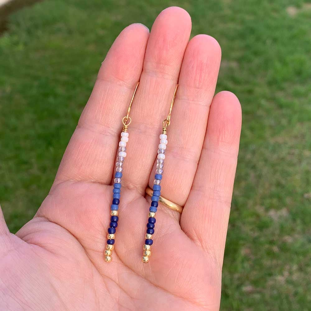 long bead blue tassel gold earrings