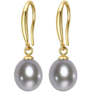 gold drop earrings grey pearls