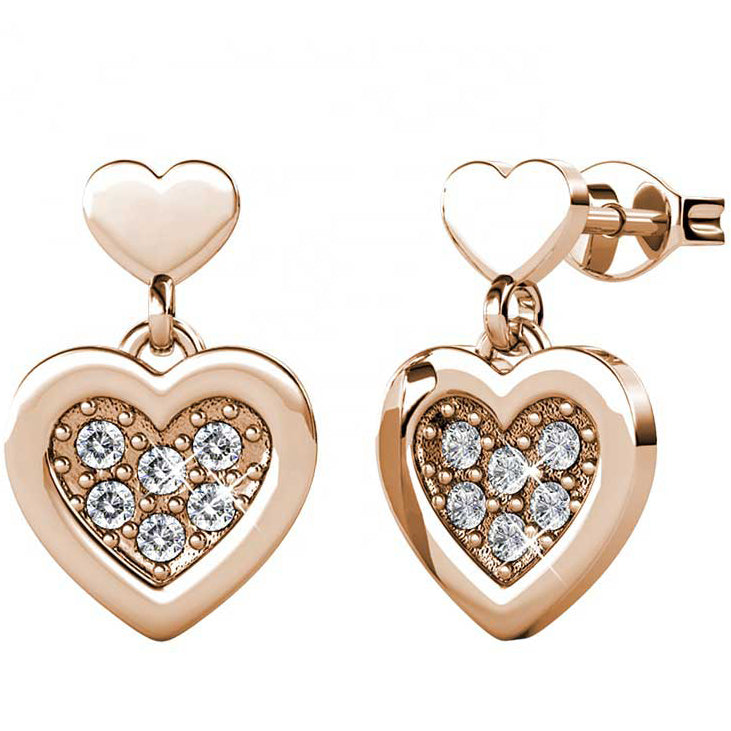 rose gold heart crystal dangle earrings for women