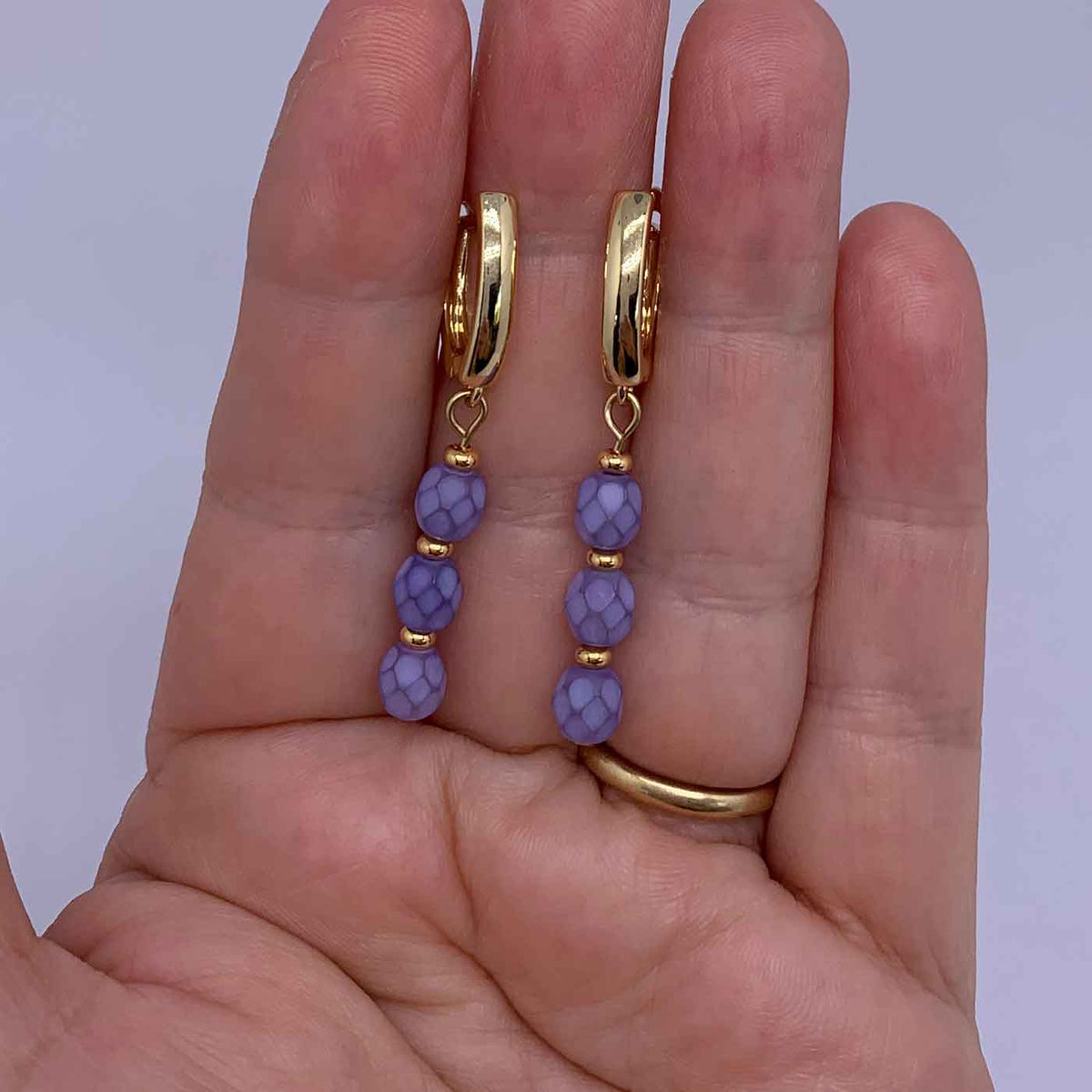 gold dangle earrings violet huggie jewellery