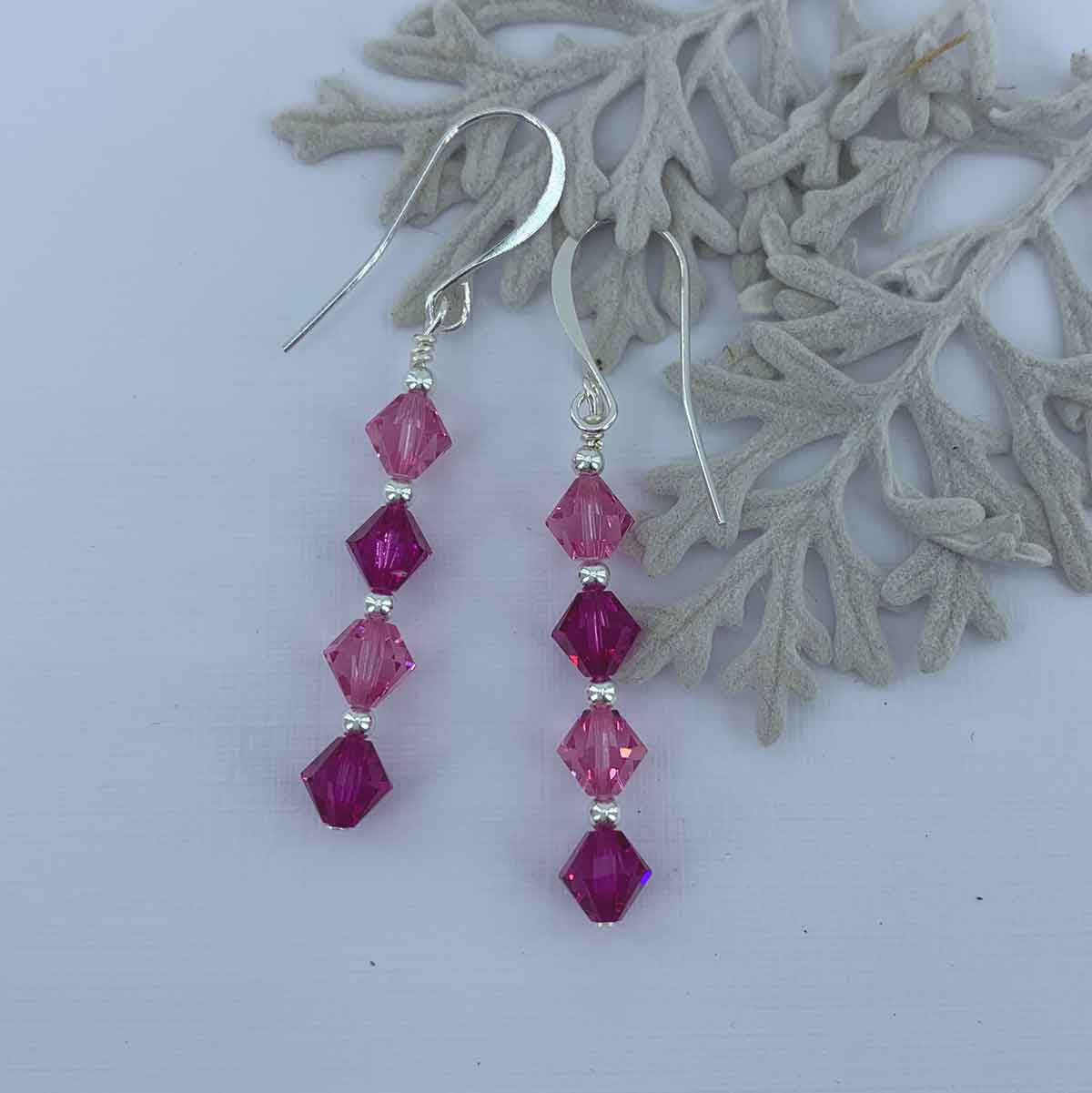 silver pink dangle crystal earrings for women