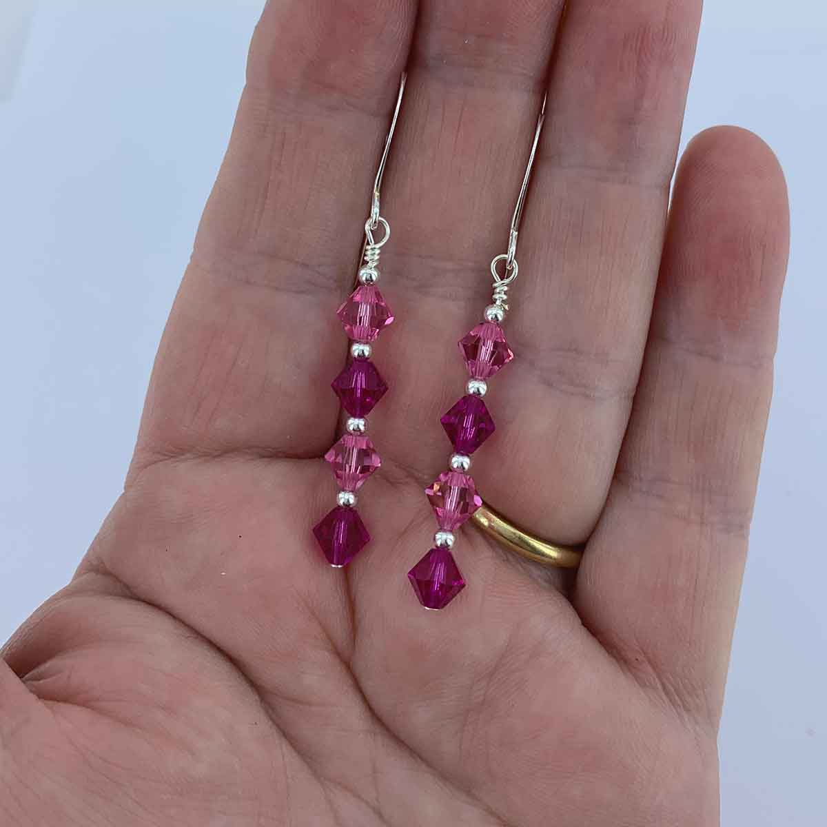 silver pink dangle crystal earrings for women