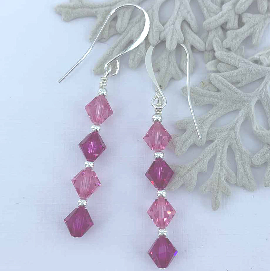 silver pink dangle crystal earrings for women