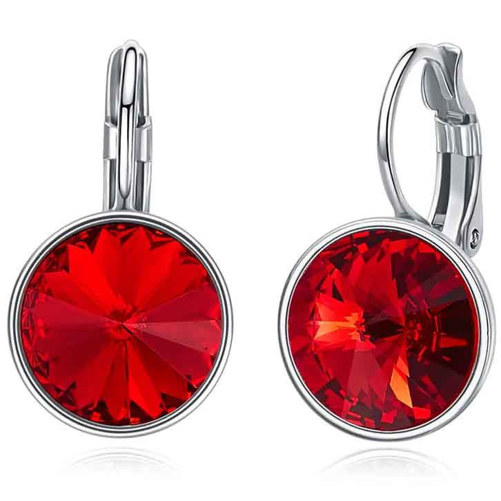 red crystal leverback silver earrings