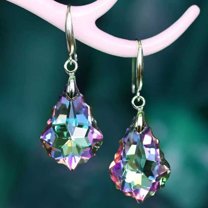 Silver dangle earrings with unique shaped crystal "Jendi" (Blue-Pink)