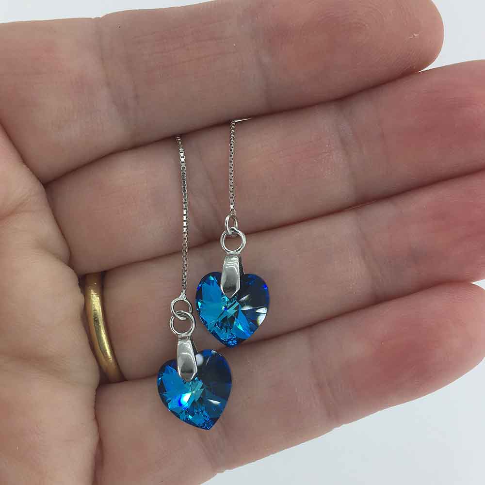 earrings blue heart crystal threader