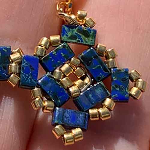 gold blue tila delica beaded earrings