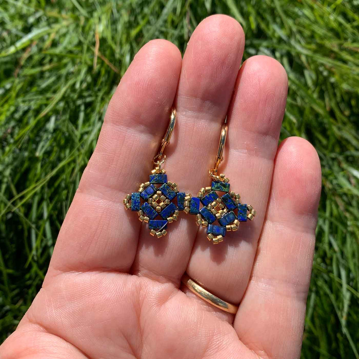 gold blue tila delica beaded earrings