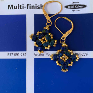 gold blue tila delica beaded earrings