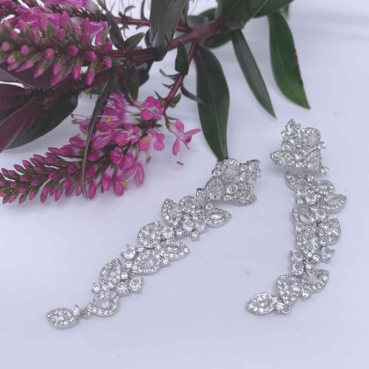 silver long drop dangle bridal earrings