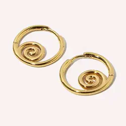 A pair of 18K gold plated huggie style earrings with a spiral design, made from 925 Sterling Silver. FRenelle