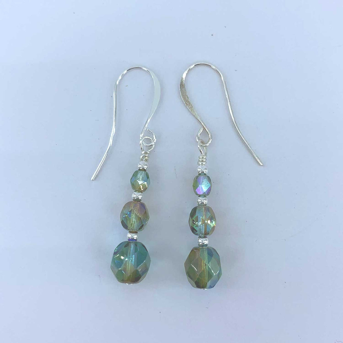 green crystal drop silver earrings