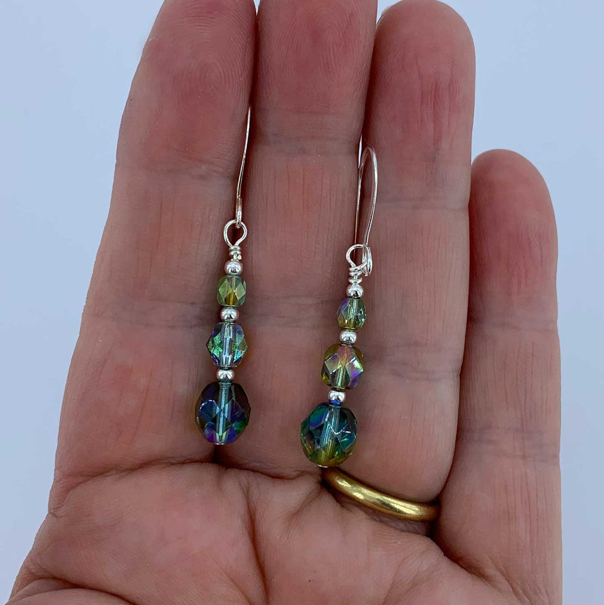 green crystal drop silver earrings