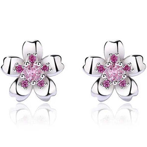 pink crystal silver daisy stud earrings