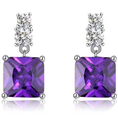 purple crystal drop silver earrings for women