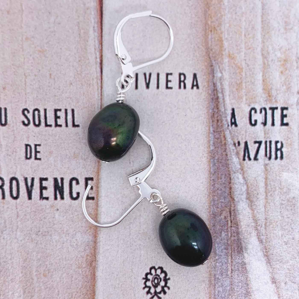 black pearl drop earrings silver leverback