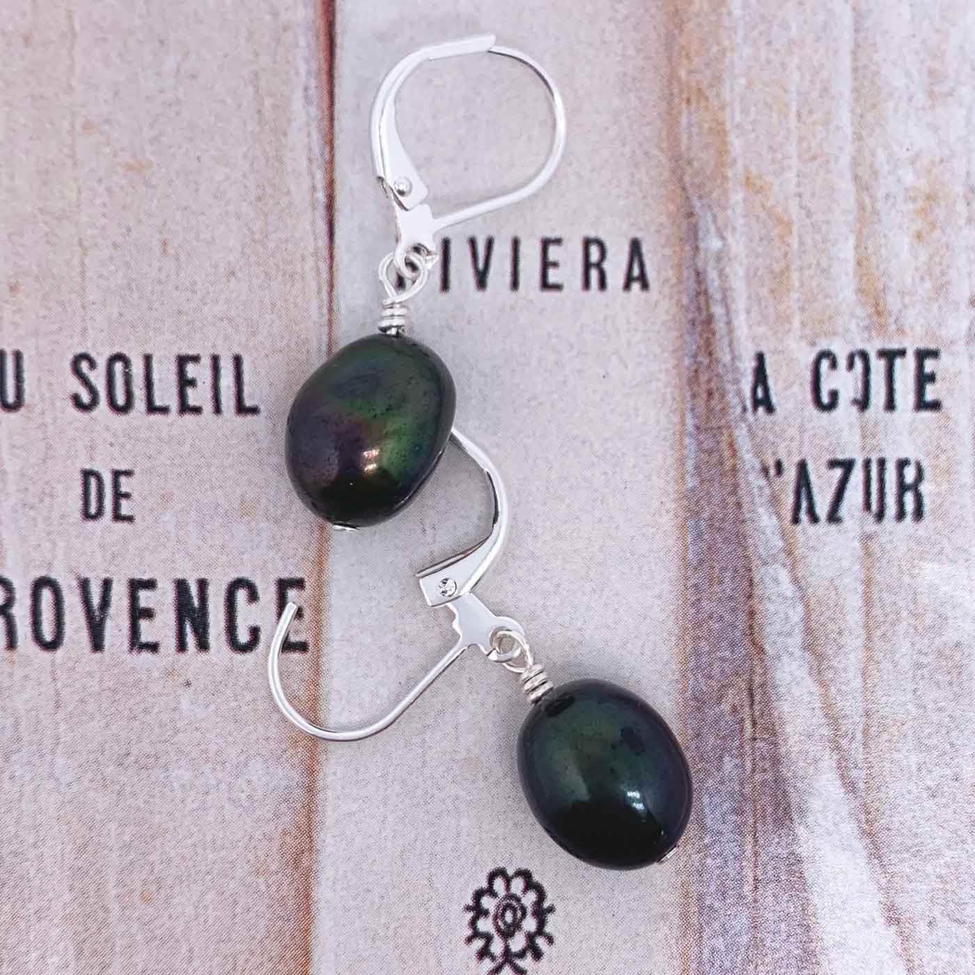 black pearl drop earrings silver leverback