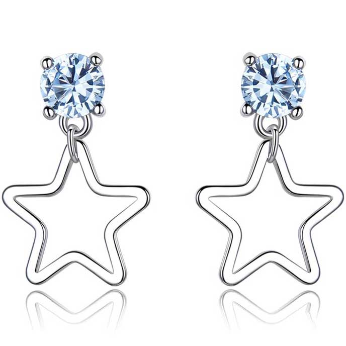 silver star blue dangle earrings