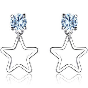 silver star blue dangle earrings