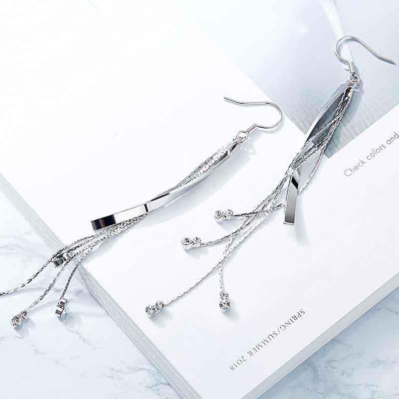 silver crystal long tassel earrings