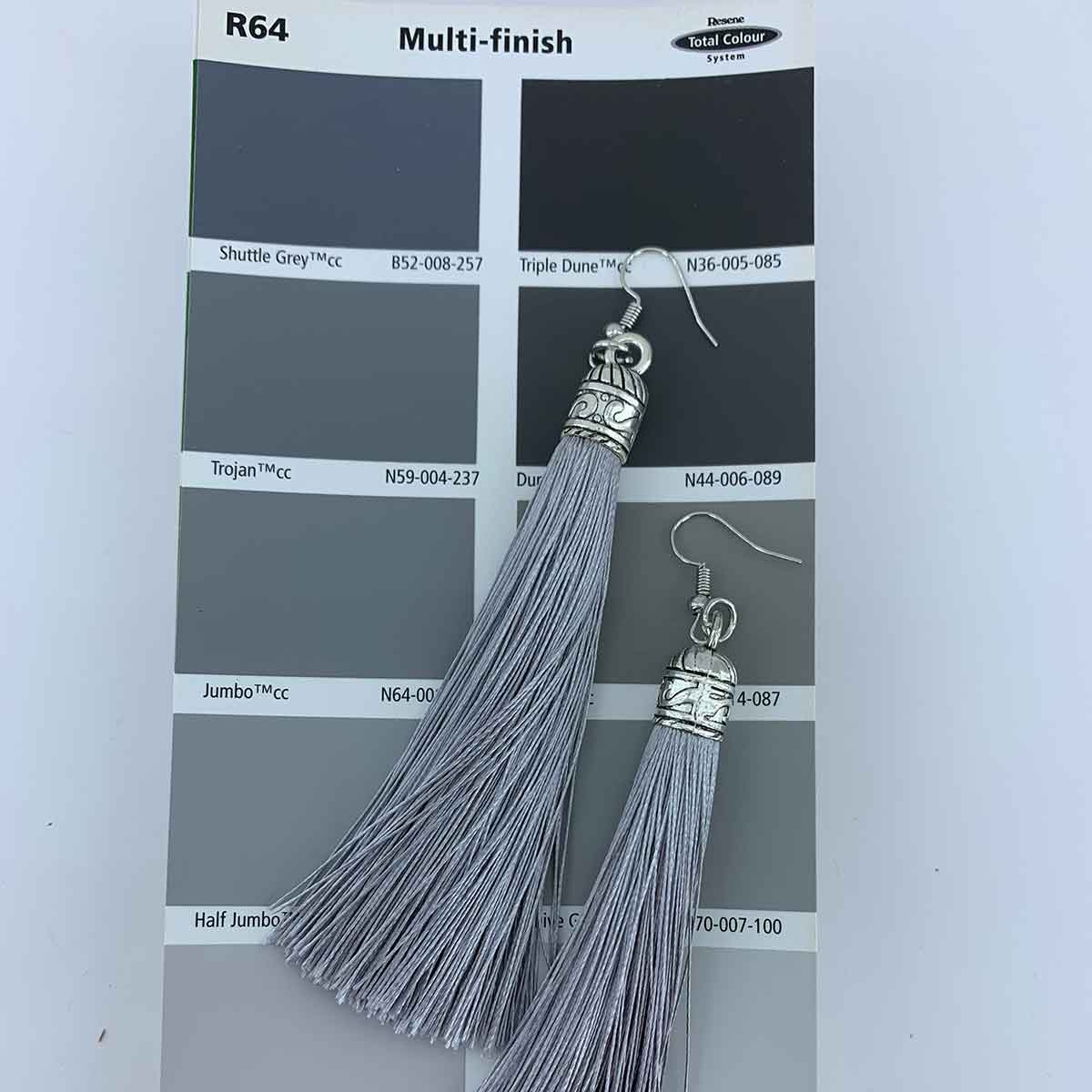 grey silk tassel earrings