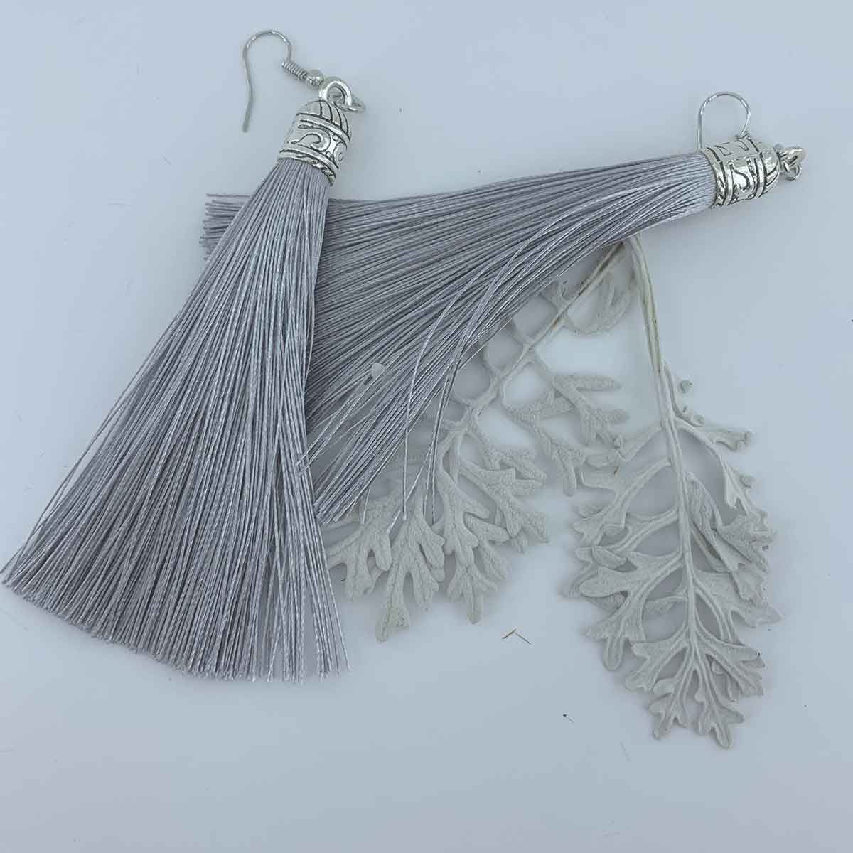 grey silk tassel earrings