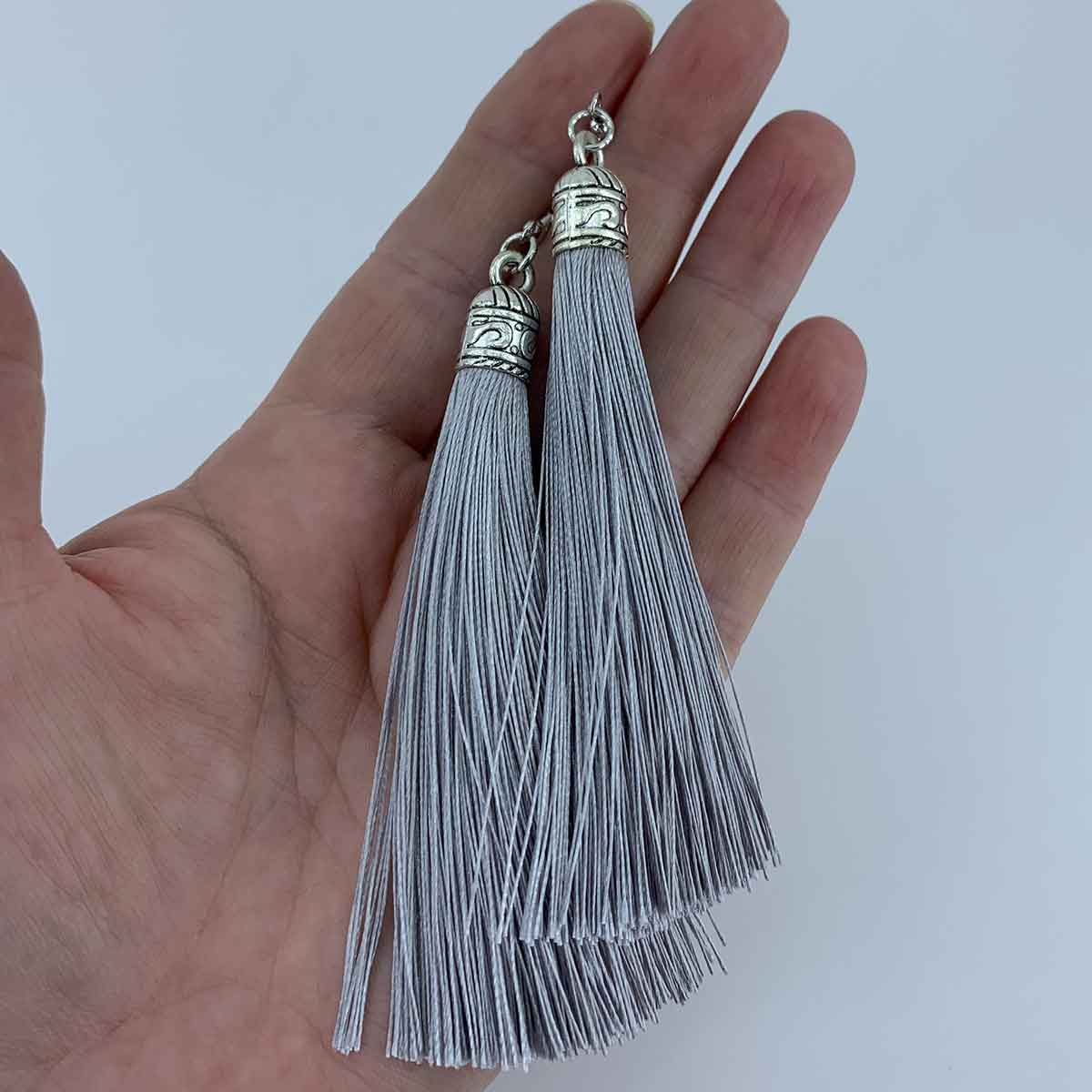 grey silk tassel earrings