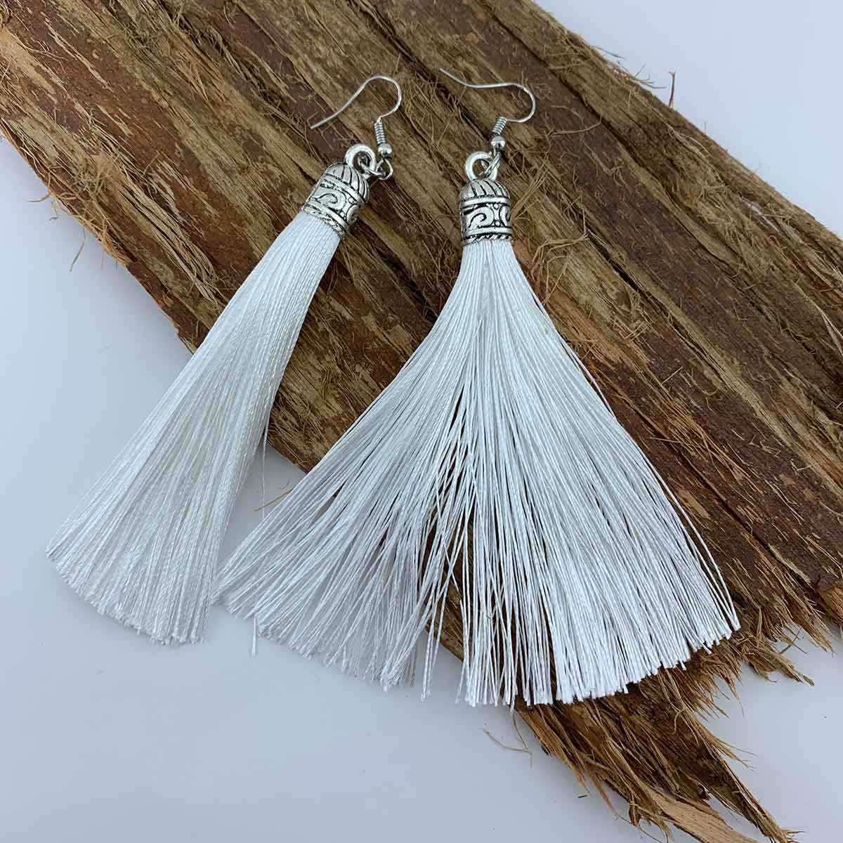 Long white tassel earrings store