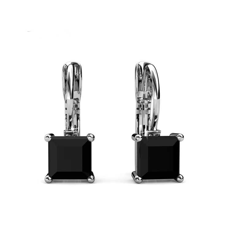18K White Gold Leverback Crystal Earrings "Tipene" (Black)