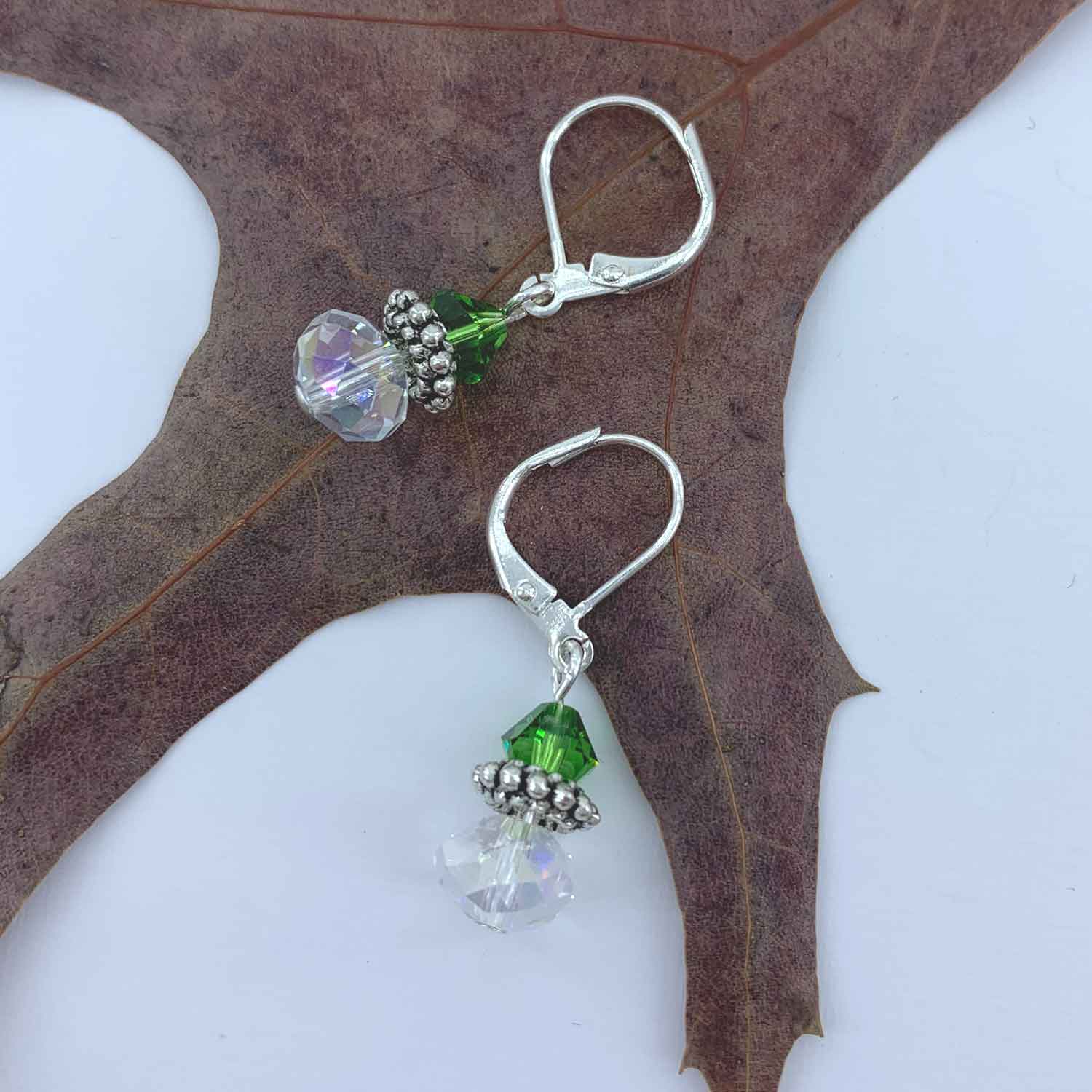 green crystal silver earrings