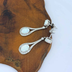 white opal silver drop earrings wood