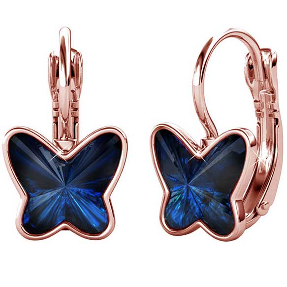 blue butterfly rose gold earrings
