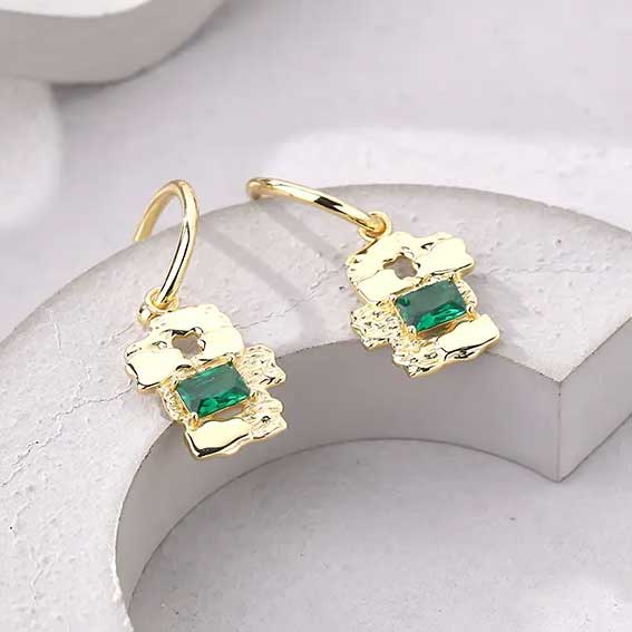 gold dangle earring green cz diamond