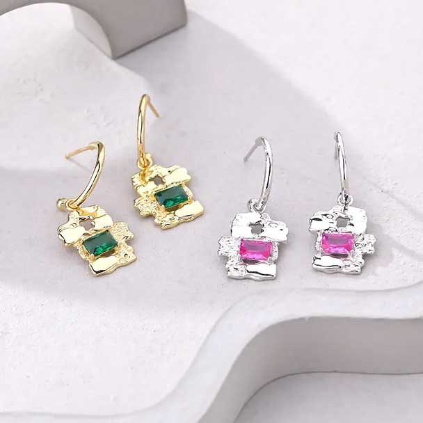 gold dangle earring green cz diamond
