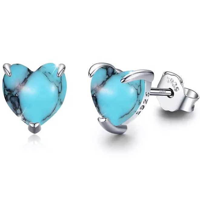 925 Sterling Silver Turquoise Heart Stud Earrings 