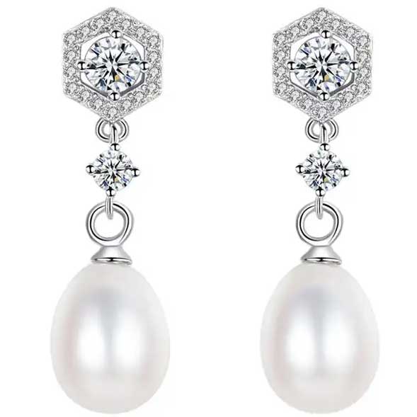 White Silver Pearl Drop Earring Bridal